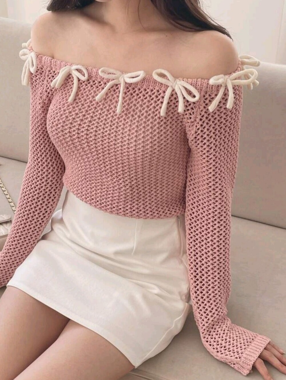 Women's Bow Contrast Color Fitted Square Neck Long Sleeve Hollow - Picture 3 of 8